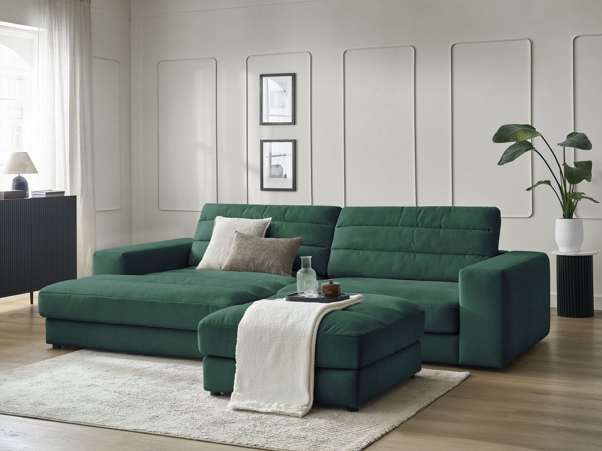 Bobochic Sierra Ecksofa mit Pouf Samt Dunkelgrün Ecke links