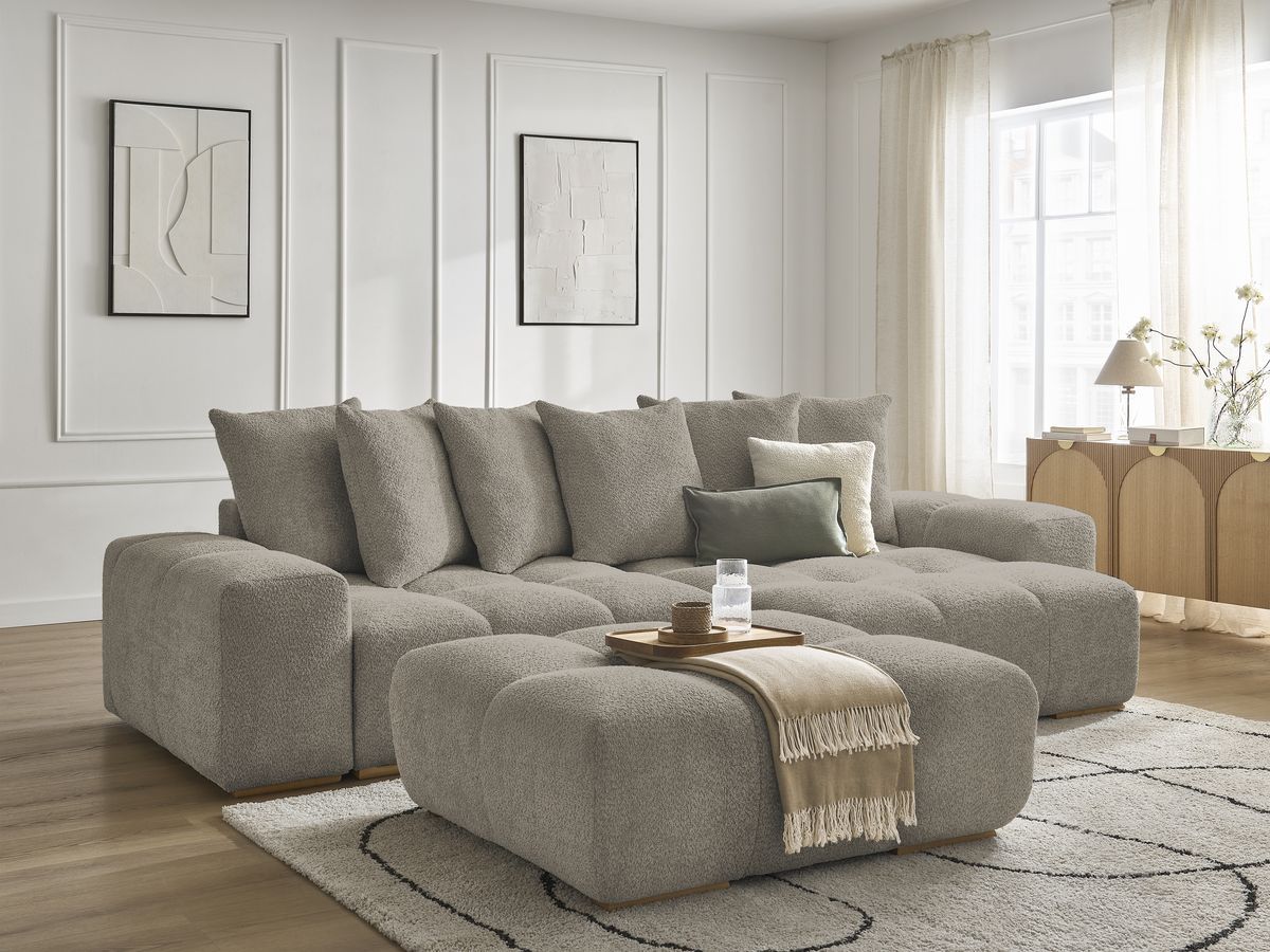 Bobochic Anakin Ecksofa mit Pouf, 6 Kissen Bouclé-Stoff Taupe