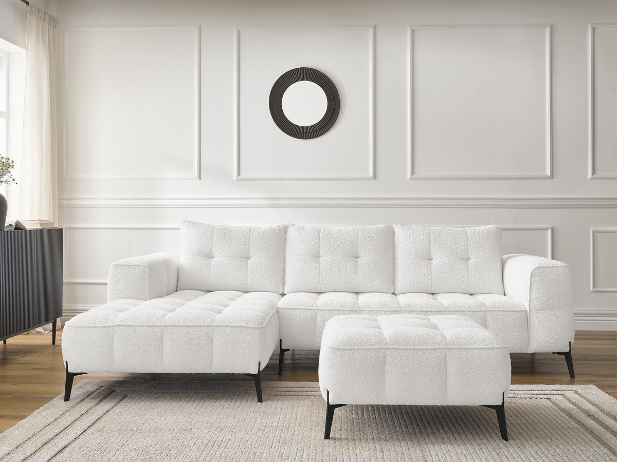 Bobochic Anis Ecksofa mit Pouf Bouclé-Stoff Weiß Ecke links