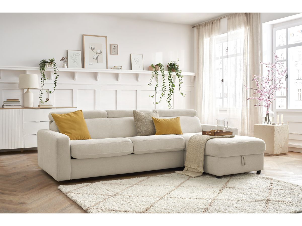 Bobochic Monaco Ecksofa mit Schlaffunktion und Bettkasten Stoff Beige, Liegefläche 140 × 190 cm