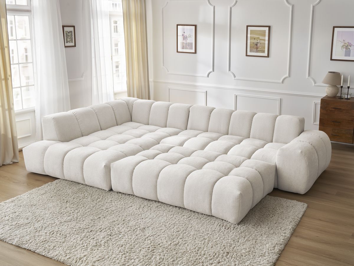 Bobochic Everest Ecksofa mit Schlaffunktion und Pouf, 10 Kissen Strukturstoff Weiß Ecke links