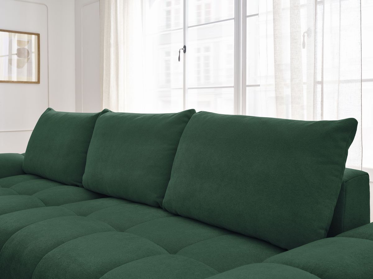 Bobochic Everest Ecksofa mit Schlaffunktion und Bettkasten und Pouf 318 × 180 cm, 3 Kissen Strukturstoff Grün Ecke links