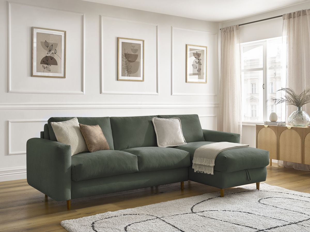 Bobochic Cocoone Ecksofa mit Schlaffunktion und Bettkasten Stoff Grün, Liegefläche 160 × 200 cm