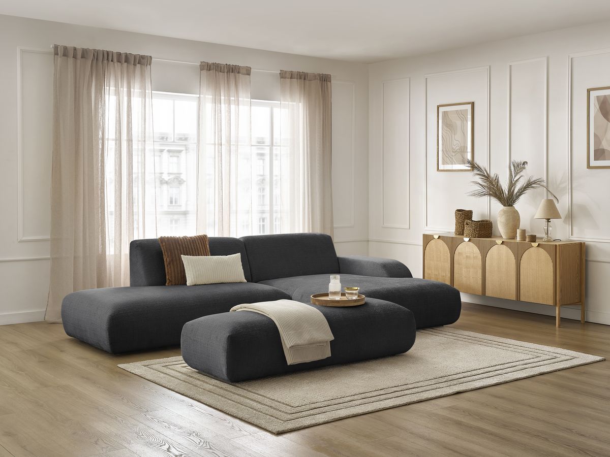 Bobochic Sirius Ecksofa mit Pouf 300 × 170 cm Strukturstoff Schwarz Ecke rechts
