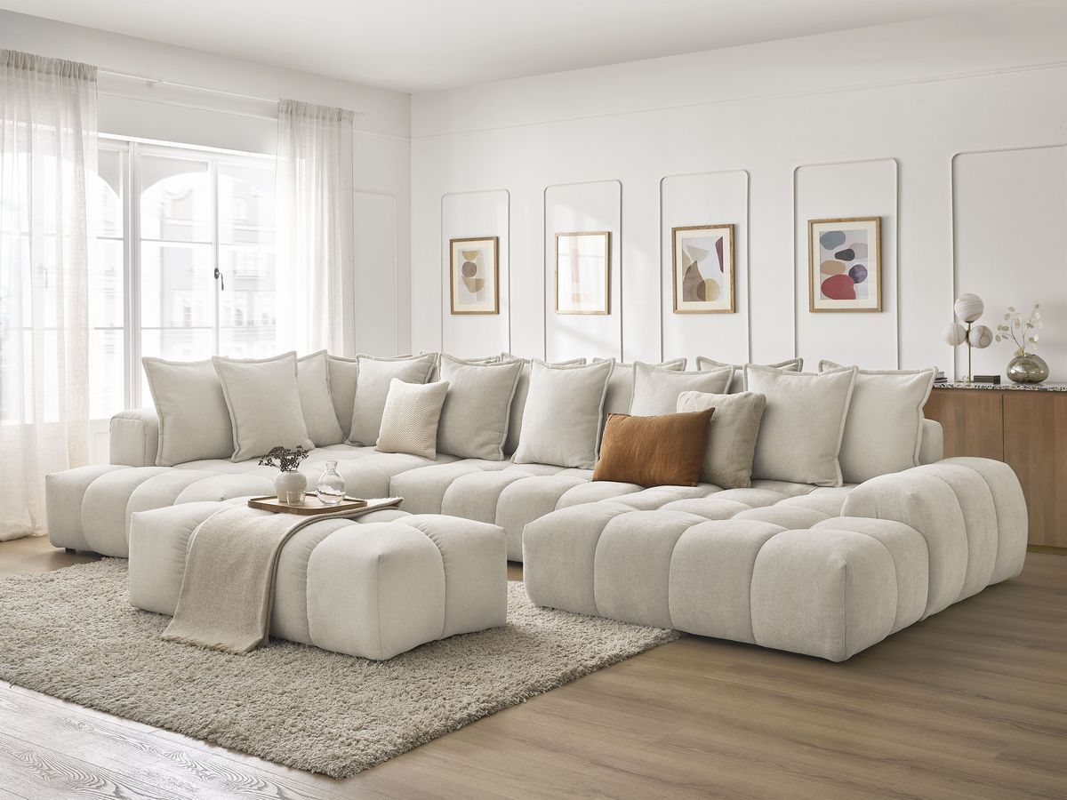 Bobochic Everest Wohnlandschaft mit Pouf, 14 Kissen Strukturstoff Beige Ecke rechts