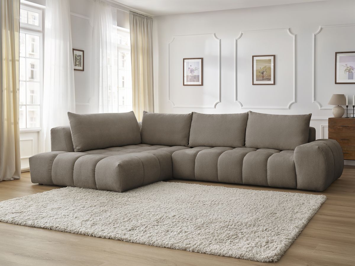 Bobochic Everest Ecksofa, 4 Kissen Strukturstoff Taupe Ecke links