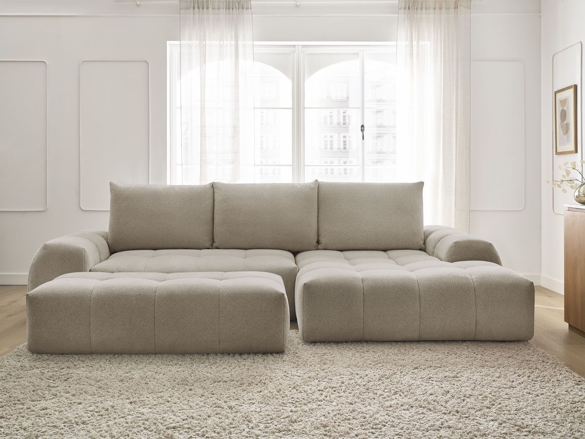 Bobochic Everest Ecksofa mit Schlaffunktion und Bettkasten und Pouf 318 × 180 cm, 3 Kissen Melange-Stoff Taupe Ecke rechts
