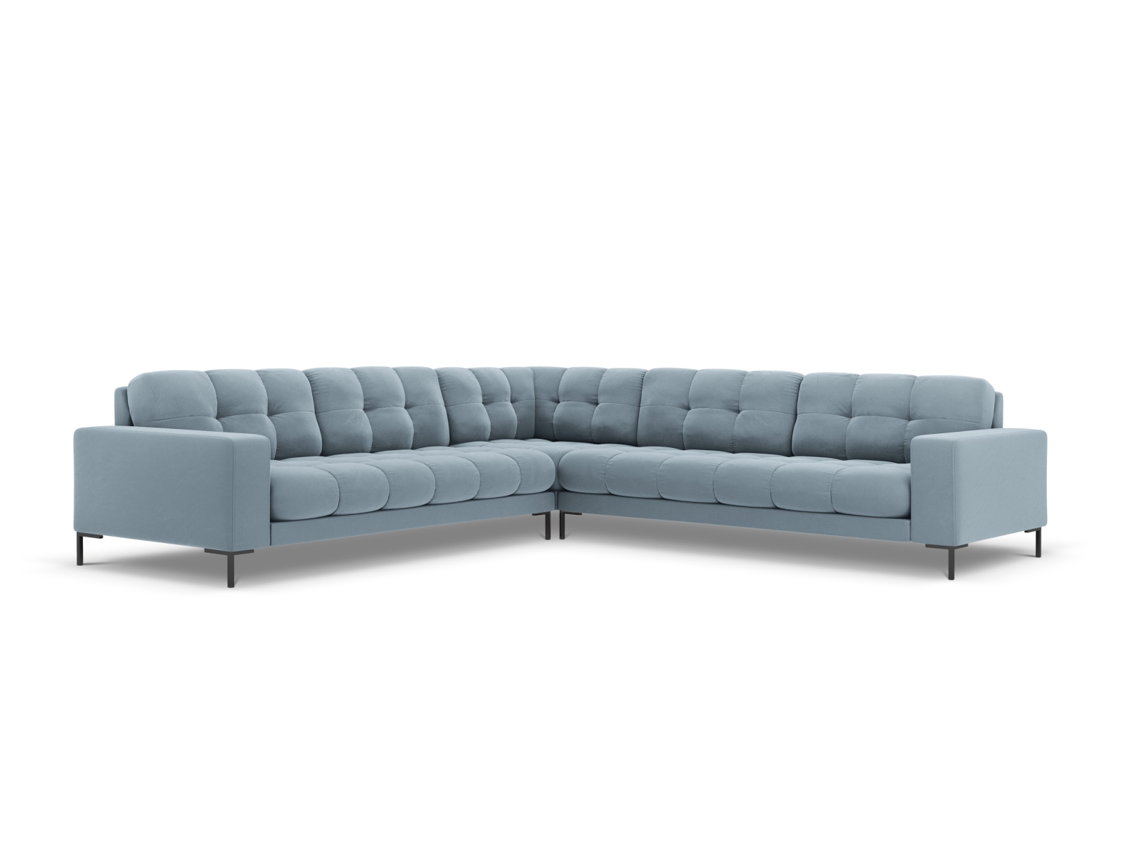 Cosmopolitan Design Symmetrisches Ecksofa Bali 6-Sitzer Samt Bluvel Hellblau Beine Schwarzes Metall