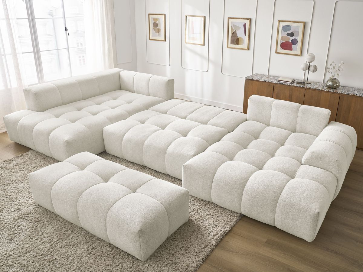 Bobochic Everest Wohnlandschaft mit Pouf, 6 Kissen Melange-Stoff Weiß Ecke rechts