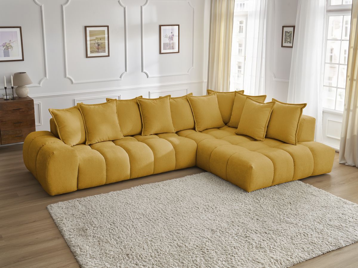 Bobochic Everest Ecksofa, 10 Kissen Strukturstoff Gelb Ecke rechts