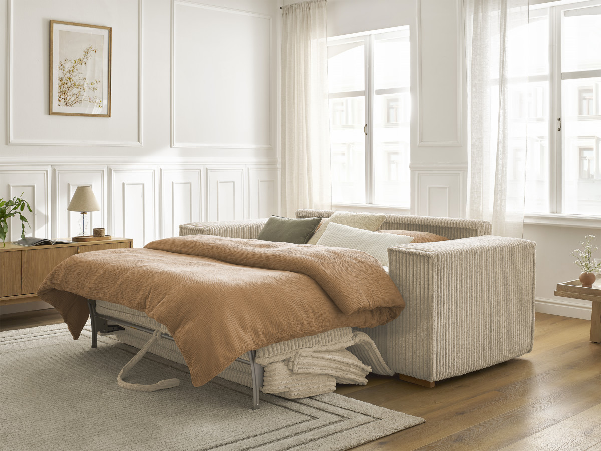 Bobochic Chelsea Schlafsofa 3-Sitzer Cordsamt Taupe, Liegefläche 140 × 200 cm