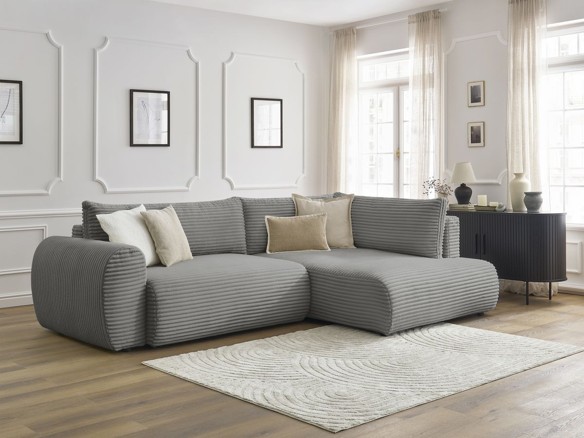 Bobochic Lucien Ecksofa mit Schlaffunktion und Bettkasten 296 × 198 cm Breitcord weich Dunkelgrau Ecke rechts