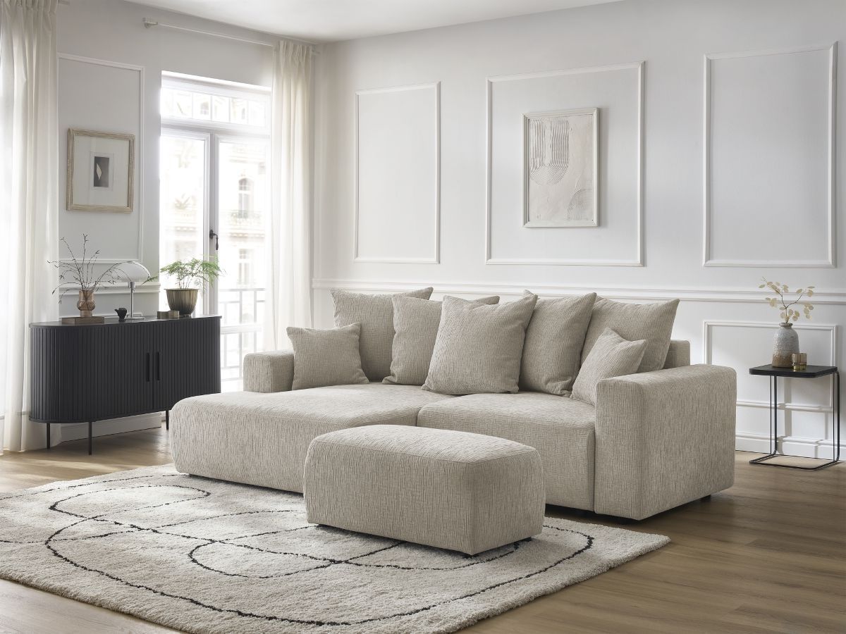 Bobochic Atilla Ecksofa mit Schlaffunktion und Bettkasten und Pouf Strukturstoff Beige Ecke links