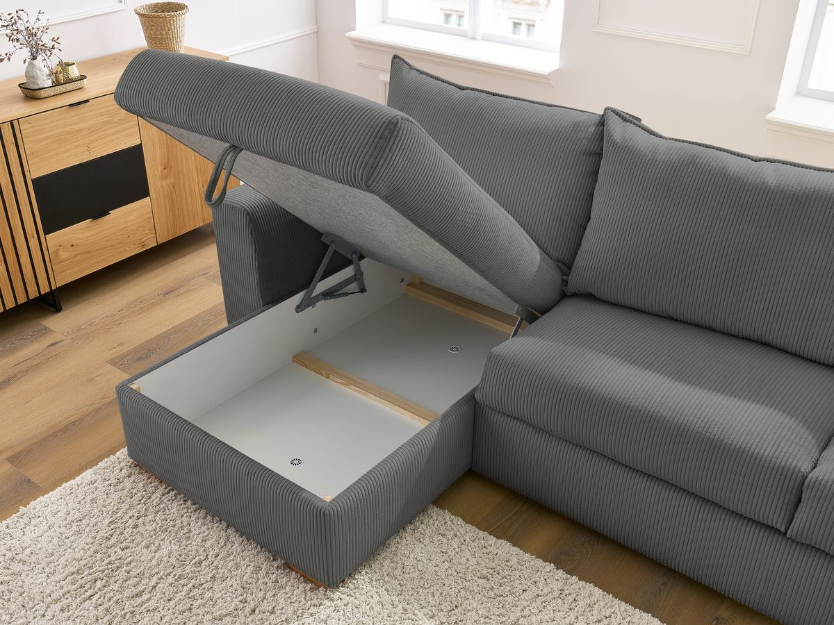 Bobochic Augustin Ecksofa mit Schlaffunktion und Bettkasten Cordsamt Dunkelgrau, Liegefläche 140 × 200 cm