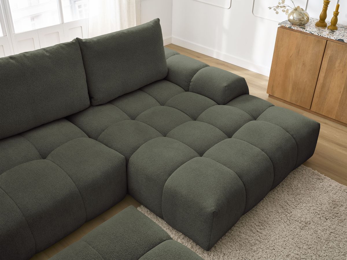 Bobochic Everest Ecksofa mit Schlaffunktion und Bettkasten und Pouf 318 × 180 cm, 3 Kissen Melange-Stoff Grün Ecke rechts