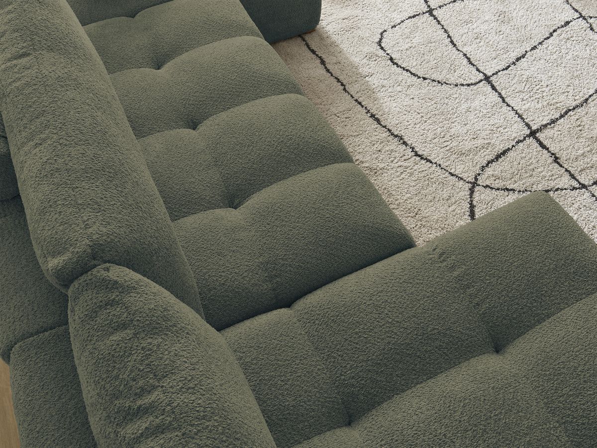 Bobochic Anakin Wohnlandschaft, Liegefläche 137 × 382 cm, 3 Kissen Bouclé-Stoff Grün
