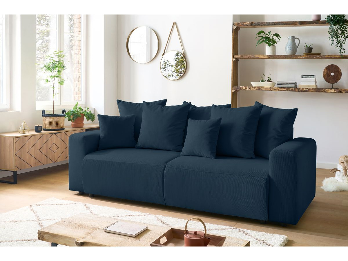 Bobochic Envy Schlafsofa 3-Sitzer mit Bettkasten und Pouf Cordsamt Dunkelblau