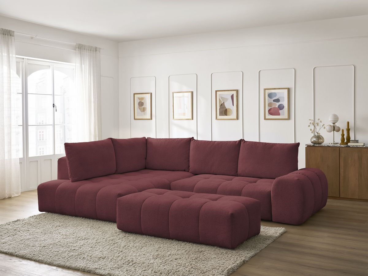 Bobochic Everest Ecksofa mit Schlaffunktion und Bettkasten und Pouf 320 × 212 cm, 5 Kissen Melange-Stoff Rot Ecke links