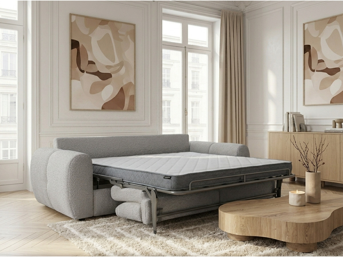 Bobochic Fuji Schlafsofa 3-Sitzer Bouclé-Stoff Hellgrau