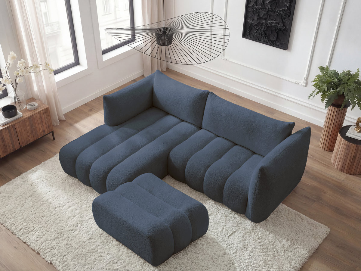 Bobochic Azra Ecksofa mit Pouf 262 × 178 cm Bouclé-Stoff Dunkelblau Ecke links