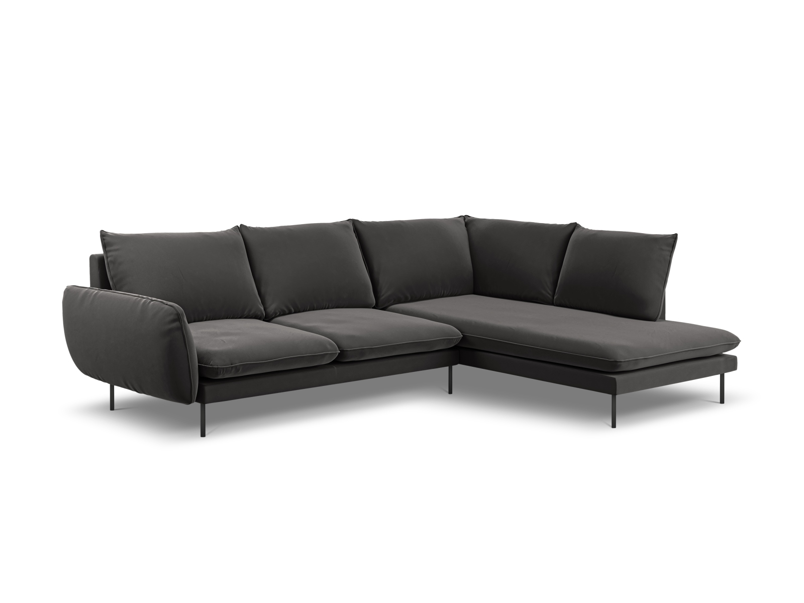 Cosmopolitan Design Ecksofa Vienna 6-Sitzer Samt Bluvel Dunkelgrau Melange Rechts Beine Schwarzes Metall