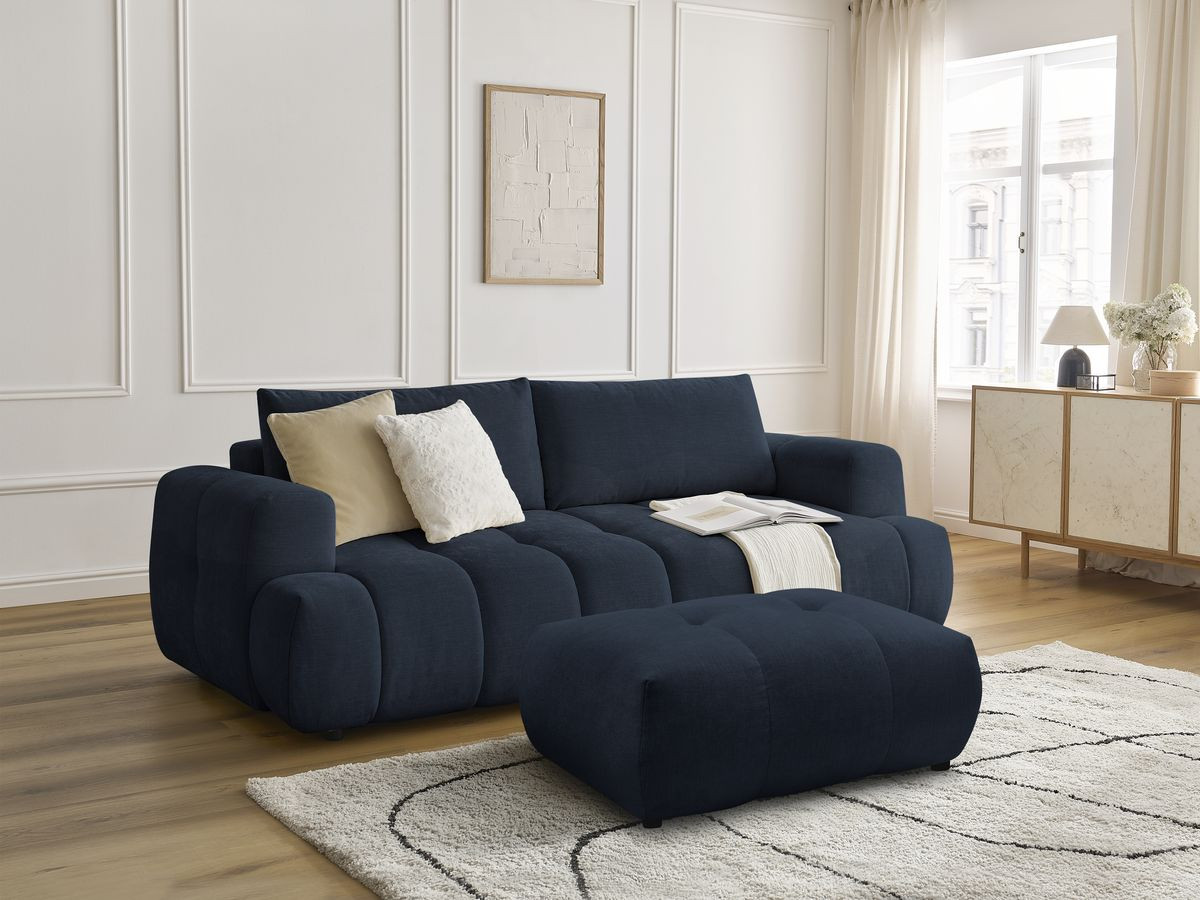 Bobochic Fuji Schlafsofa 3-Sitzer mit Bettkasten und Pouf Stoff Dunkelblau