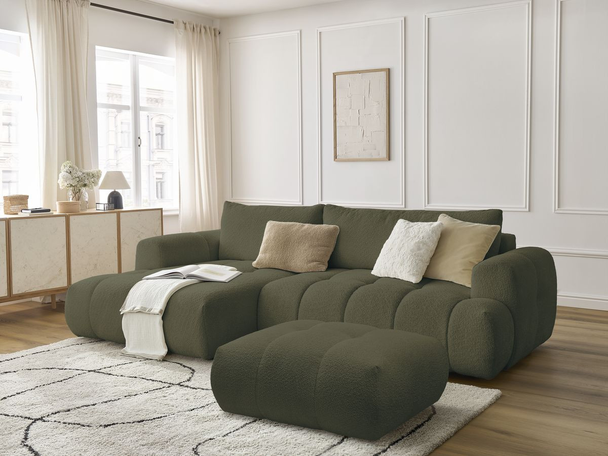 Bobochic Fuji Ecksofa mit Schlaffunktion und Bettkasten und Pouf 292 × 160 cm Bouclé-Stoff Grün Ecke links