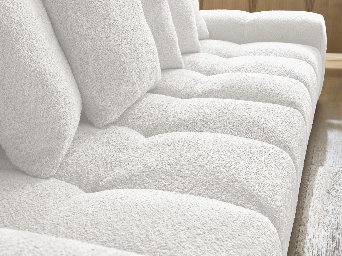 Bobochic Anakin Schlafsofa 3-Sitzer mit Bettkasten und Pouf, 6 Kissen Bouclé-Stoff Weiß
