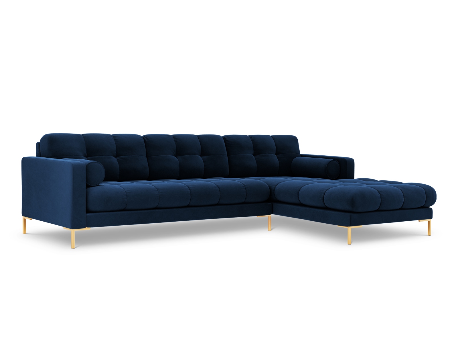 Cosmopolitan Design Ecksofa Bali 5-Sitzer Samt Bluvel Königsblau Rechts Beine Gold