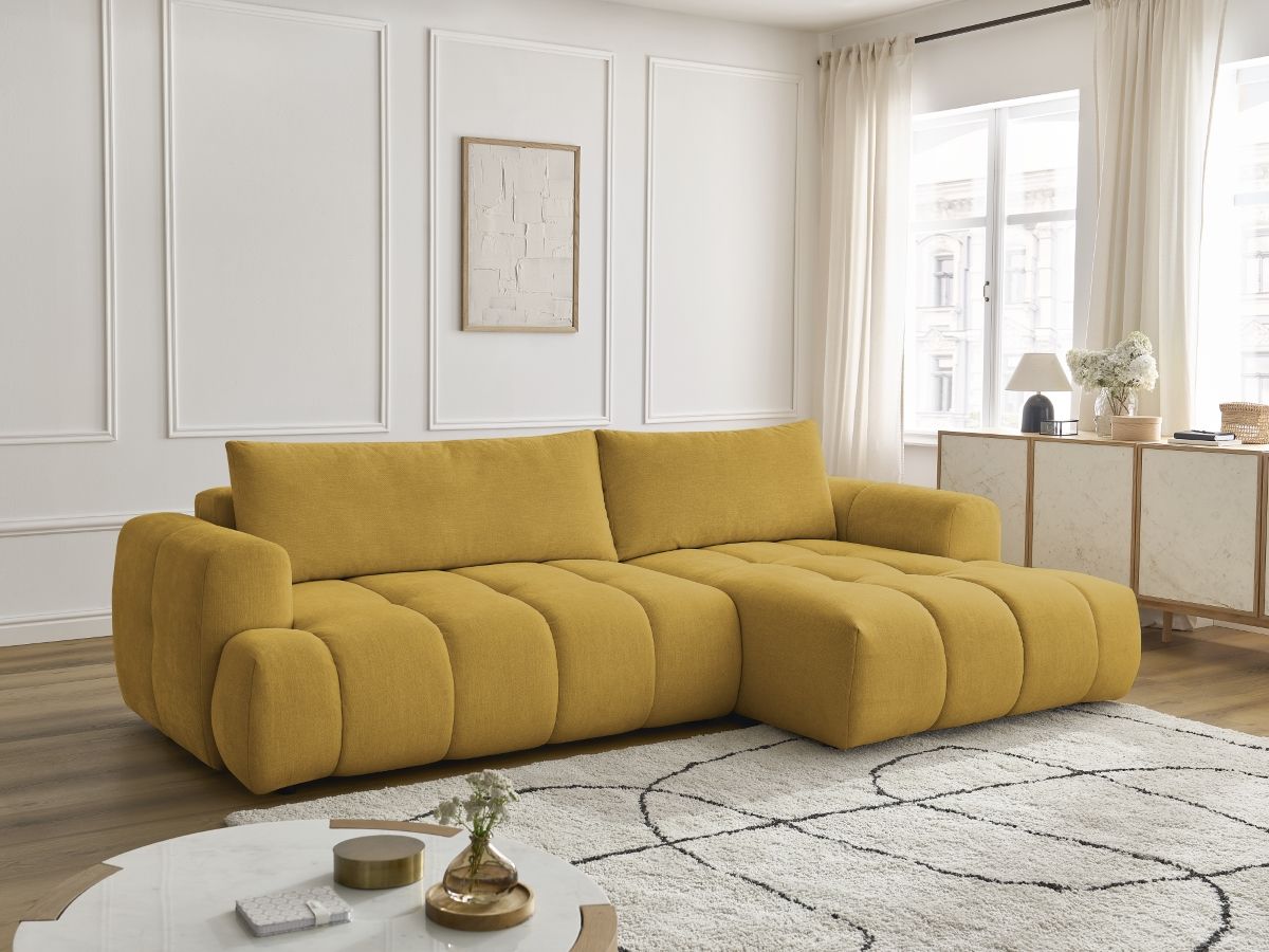 Bobochic Fuji Ecksofa mit Schlaffunktion und Bettkasten 292 × 160 cm Stoff Gelb Ecke rechts