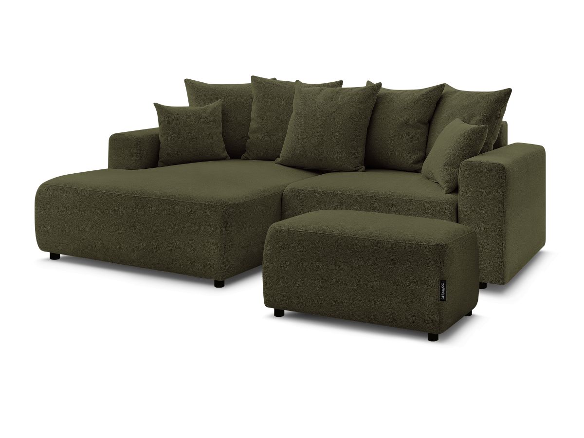 Bobochic Atilla Ecksofa mit Schlaffunktion und Bettkasten und Pouf Melange-Stoff Grün Ecke links