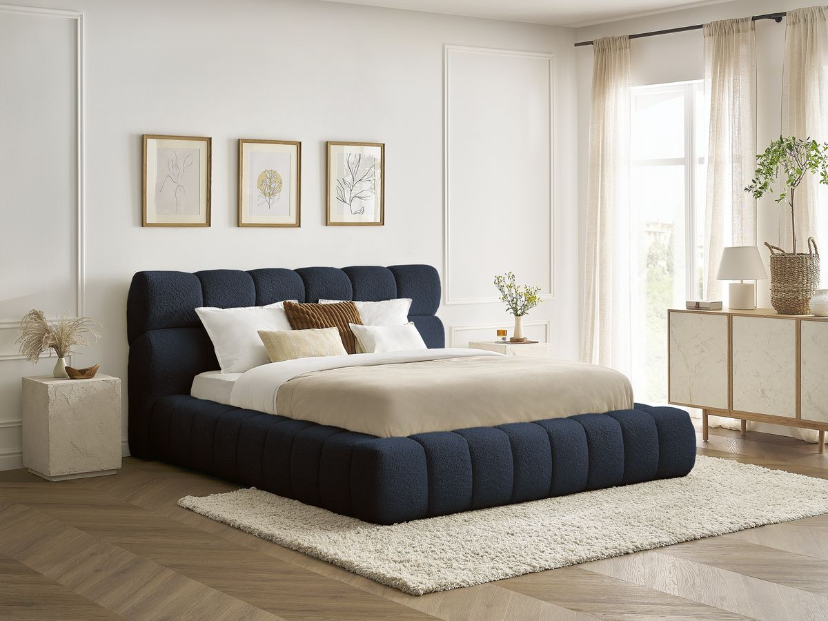 Bobochic Mont-blanc Polsterbett mit Bettkasten Bouclé-Stoff Dunkelblau, Liegefläche 140 × 190 cm