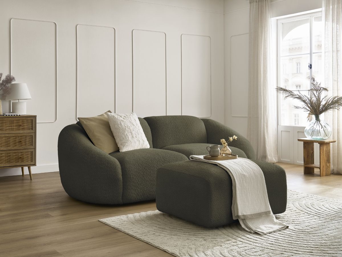 Bobochic Tina Sofa 3-Sitzer mit Pouf Bouclé-Stoff Grün
