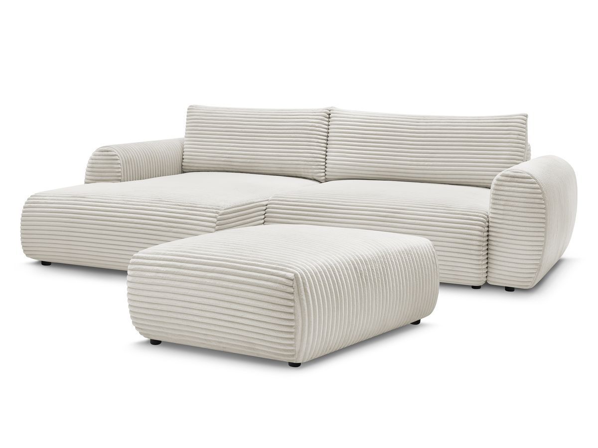 Bobochic Lucien Ecksofa mit Schlaffunktion und Bettkasten und Pouf 314 × 167 cm Breitcord weich Beige Ecke links
