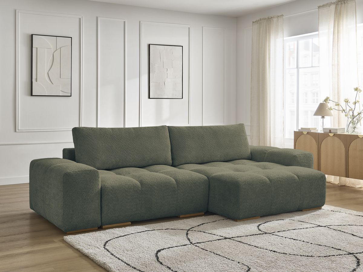 Bobochic Anakin Ecksofa mit Schlaffunktion und Bettkasten, 2 Kissen Bouclé-Stoff Grün