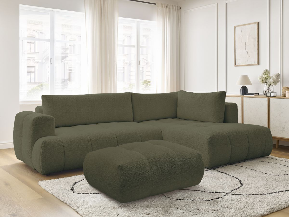 Bobochic Fuji Ecksofa mit Schlaffunktion und Bettkasten und Pouf 282 × 204 cm Bouclé-Stoff Grün Ecke rechts