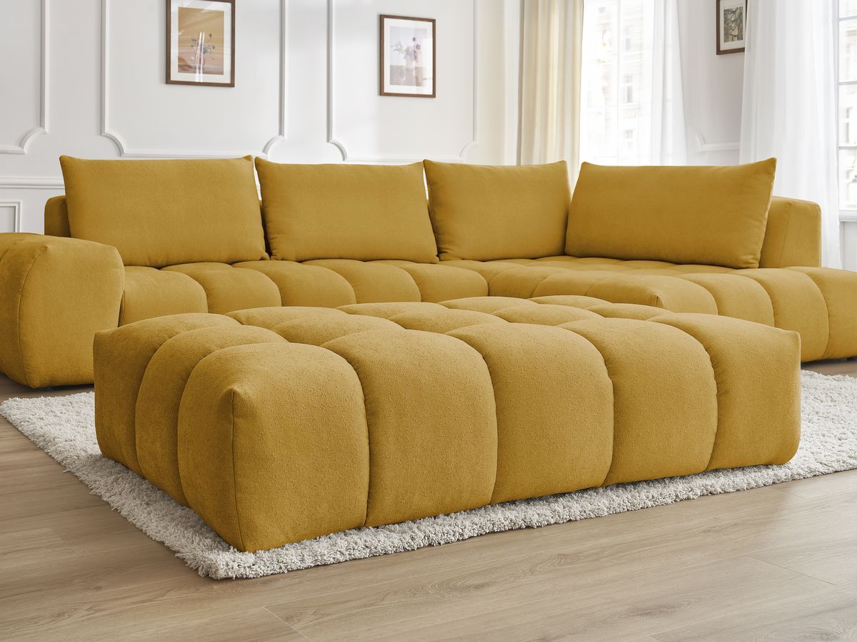 Bobochic Everest Ecksofa mit Schlaffunktion und Pouf, 4 Kissen Strukturstoff Gelb Ecke rechts