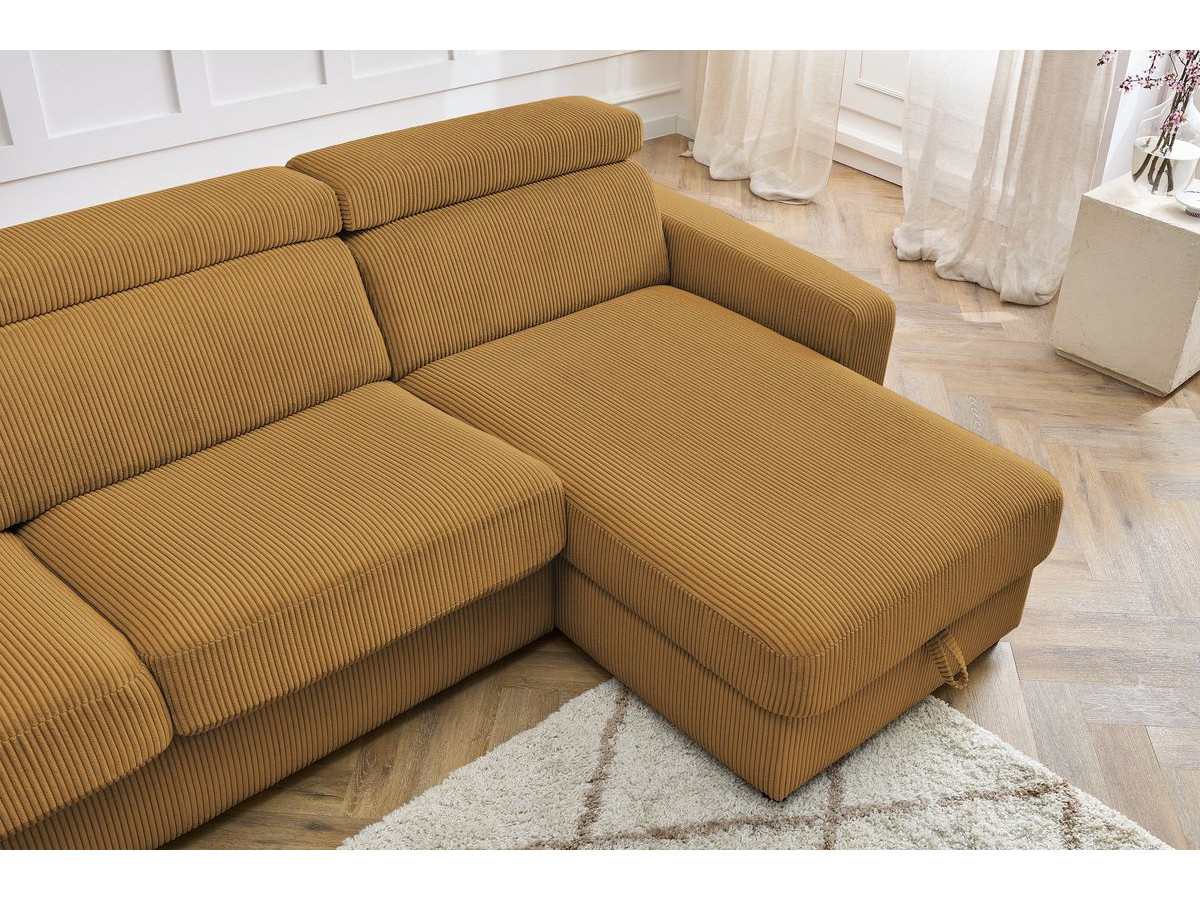 Bobochic Monaco Ecksofa mit Schlaffunktion und Bettkasten Cordsamt Gelb, Liegefläche 140 × 190 cm