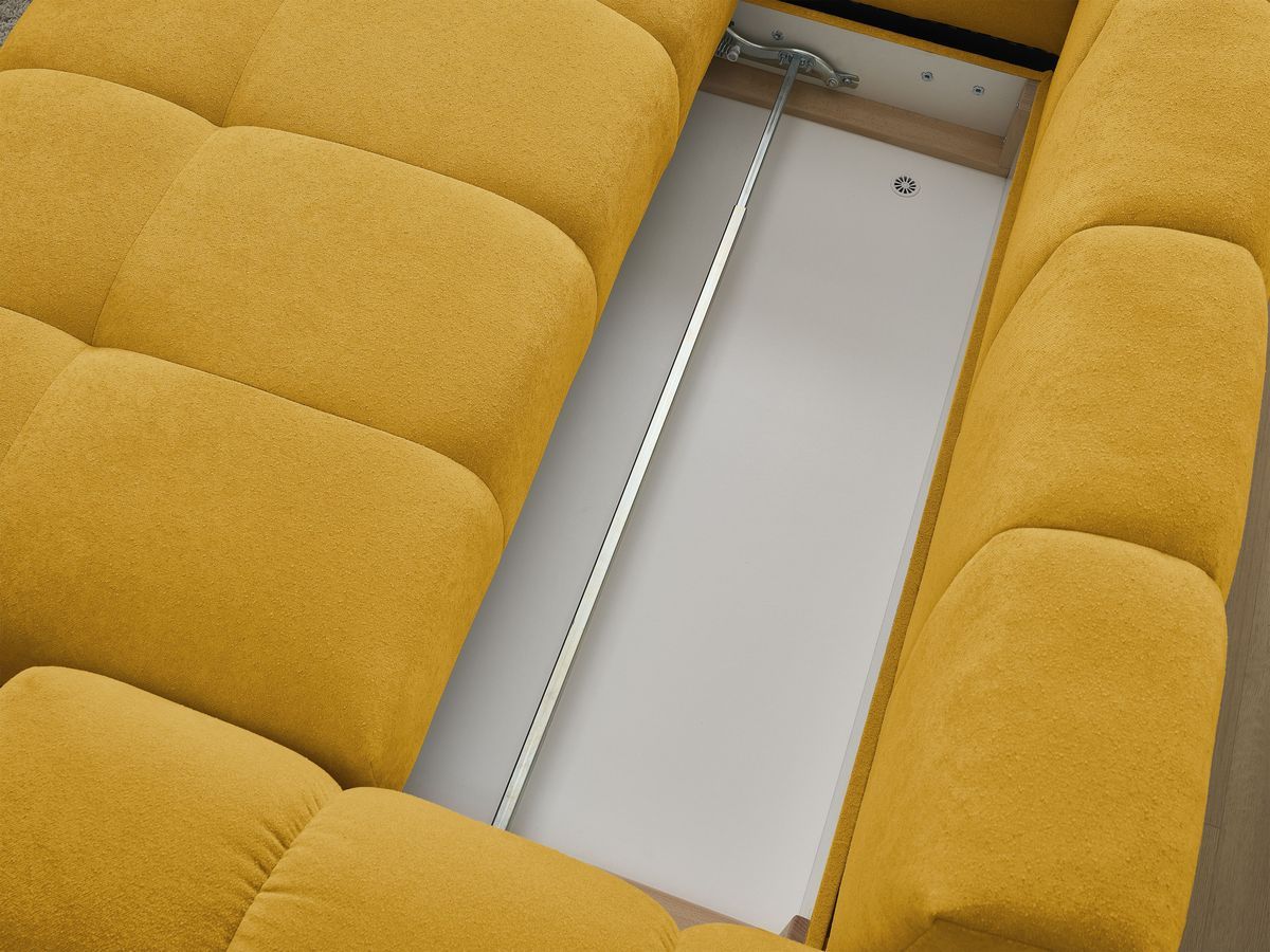 Bobochic Everest Ecksofa mit Schlaffunktion und Bettkasten und Pouf 320 × 212 cm, 10 Kissen Strukturstoff Gelb Ecke links