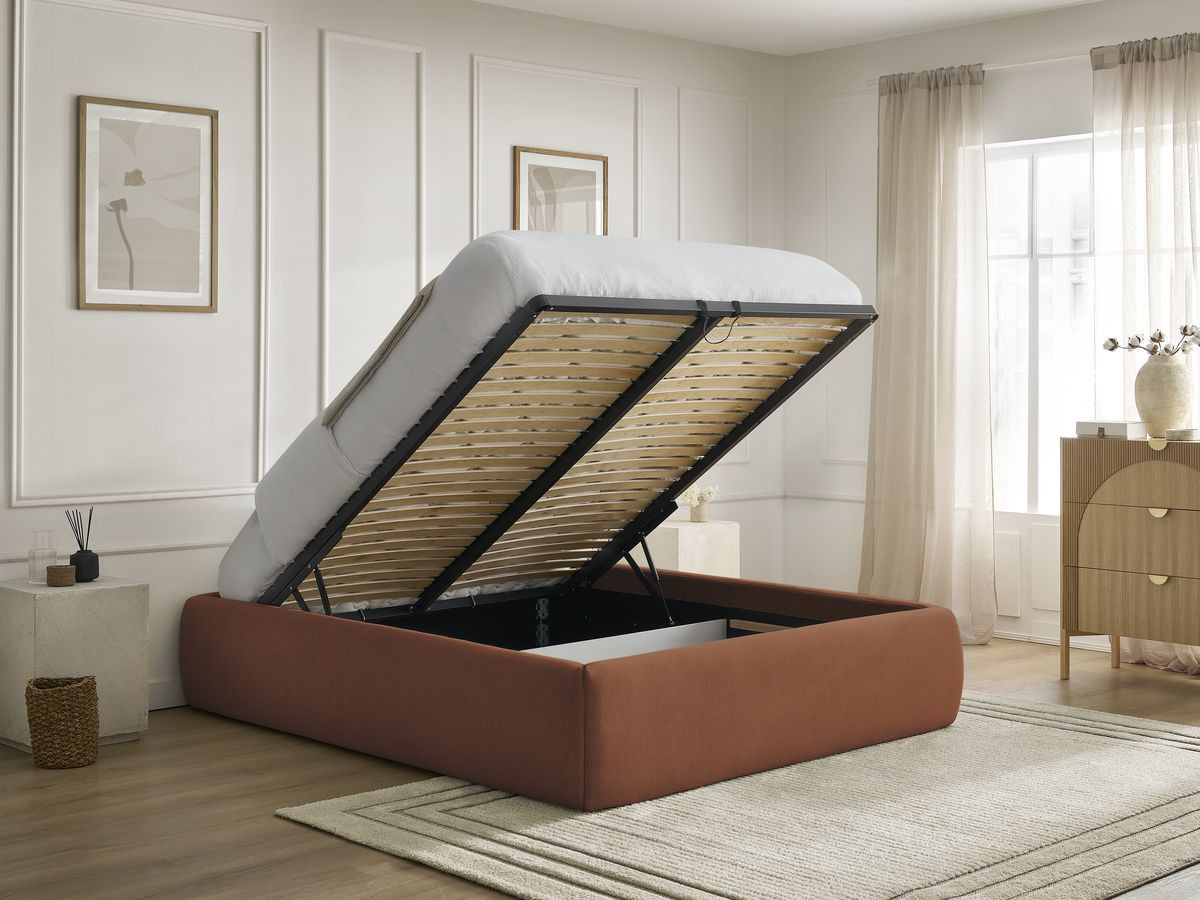 Bobochic Inera Bettgestell mit Bettkasten, ohne Kopfteil Stoff Orange, Liegefläche 140 × 190 cm