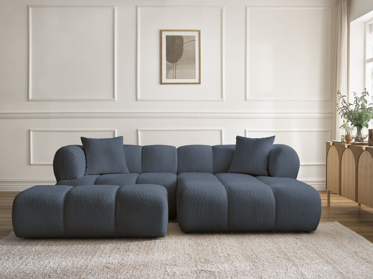 Bobochic Pamira Ecksofa mit Pouf Bouclé-Stoff Dunkelblau Ecke rechts