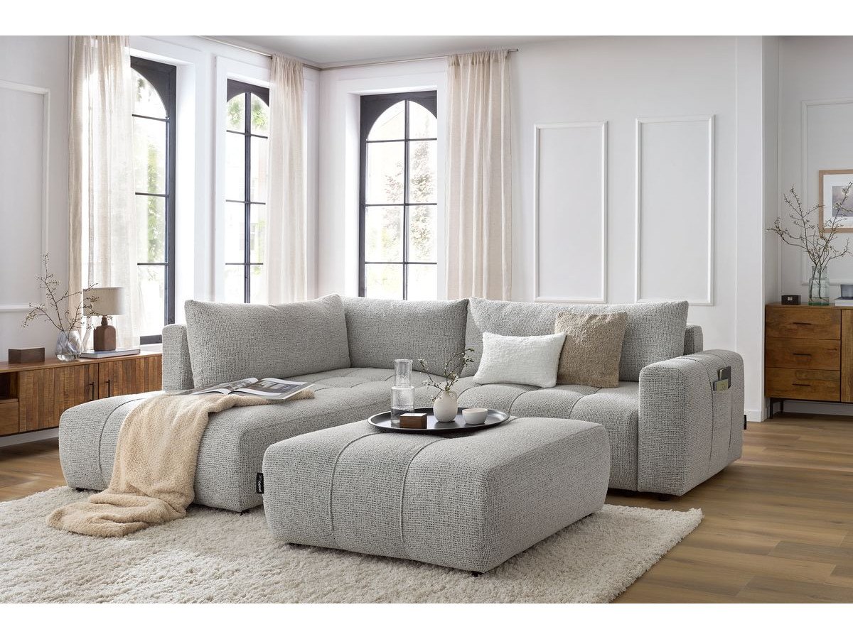 Bobochic Arsene Ecksofa mit Schlaffunktion und Bettkasten und Pouf 277 × 200 cm Melange-Stoff Hellgrau Ecke links
