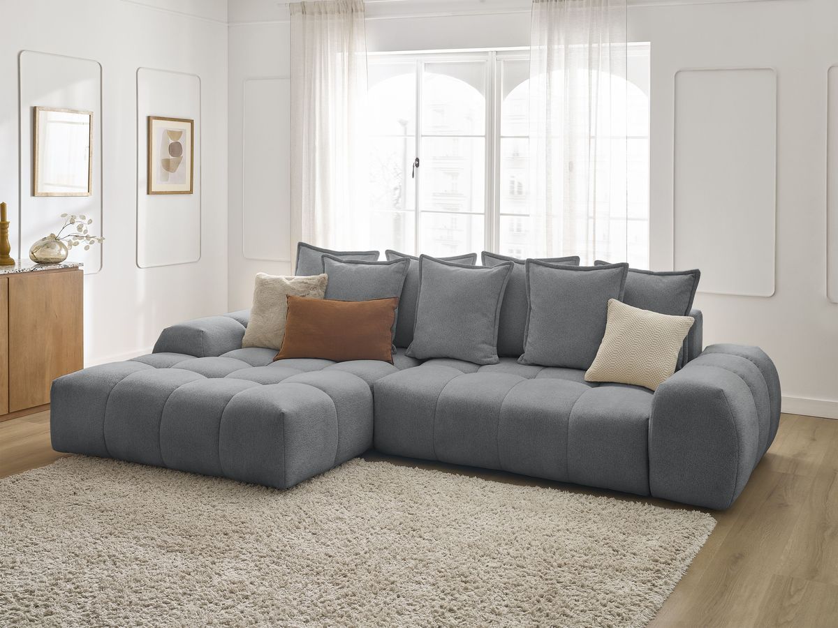 Bobochic Everest Ecksofa mit Schlaffunktion und Bettkasten 318 × 180 cm, 7 Kissen Melange-Stoff Dunkelgrau Ecke links