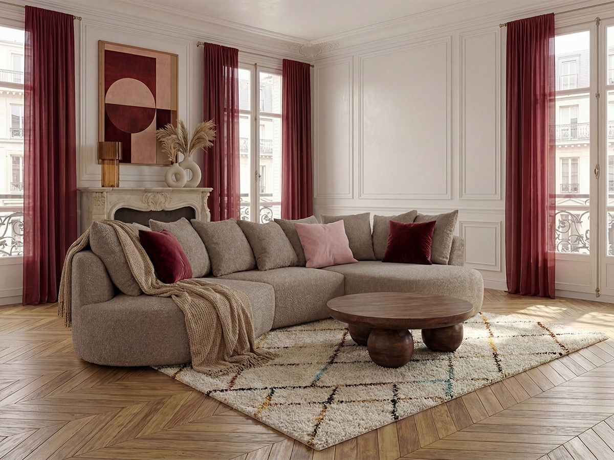 Bobochic Calypso Ecksofa Bouclé-Stoff Taupe Ecke rechts