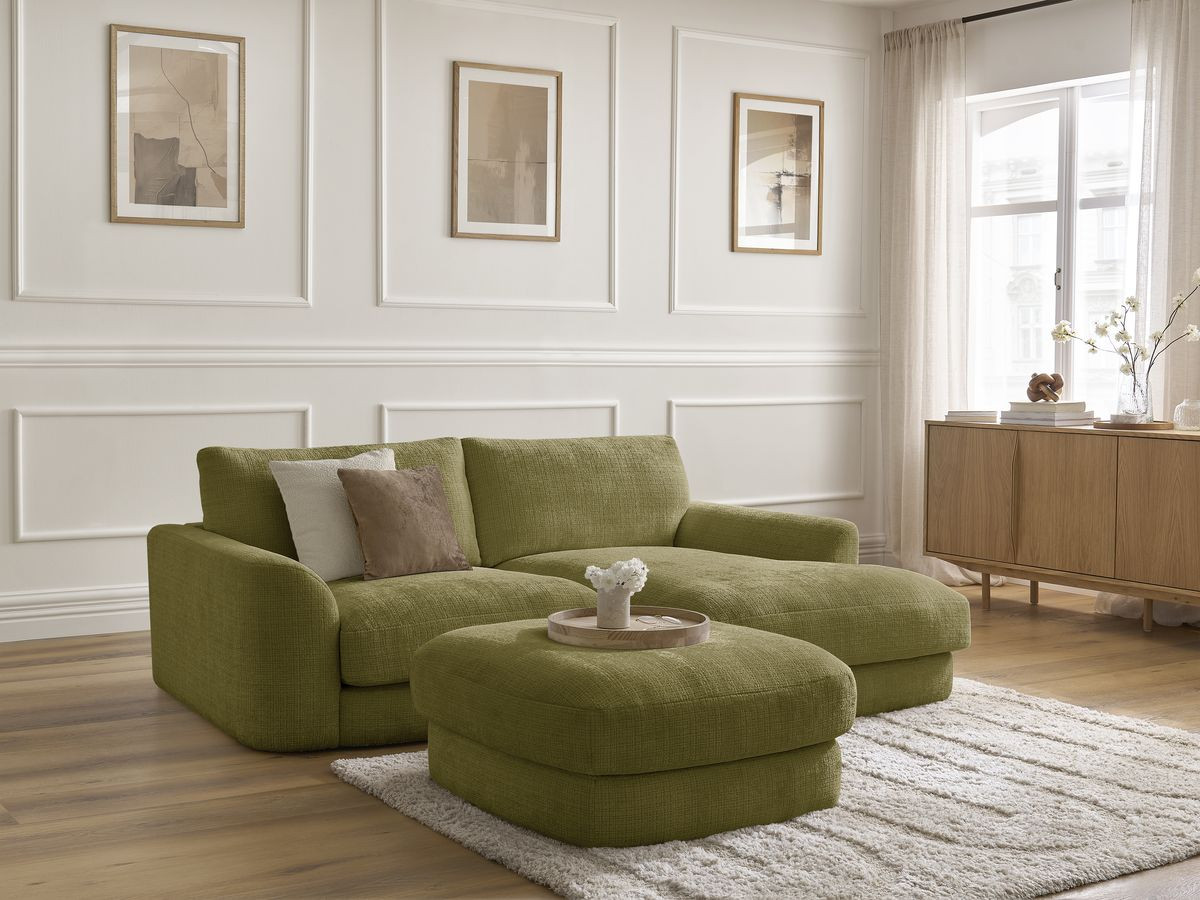 Bobochic Leonore Ecksofa mit Pouf Strukturstoff Grün Ecke rechts