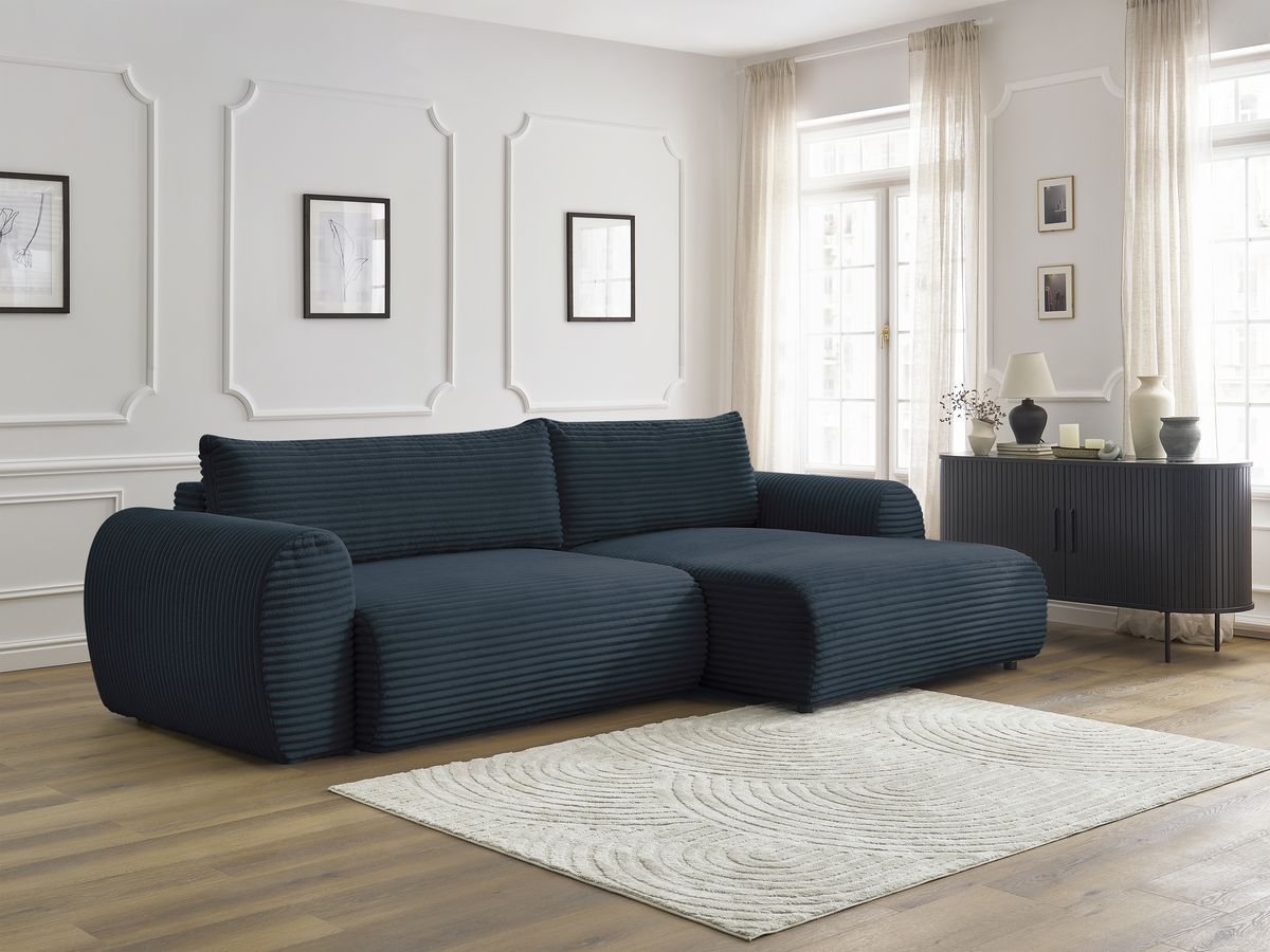 Bobochic Lucien Ecksofa mit Schlaffunktion und Bettkasten 314 × 167 cm Breitcord weich Dunkelblau Ecke rechts