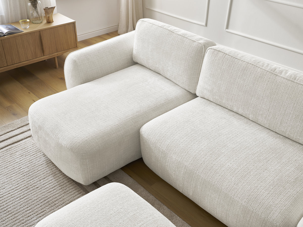 Bobochic Denise Ecksofa mit Schlaffunktion und Bettkasten und Pouf 258 × 160 cm Strukturstoff Weiß Ecke links