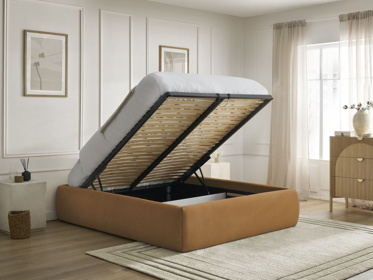 Bobochic Inera Bettgestell mit Bettkasten, ohne Kopfteil Stoff Gelb, Liegefläche 140 × 190 cm