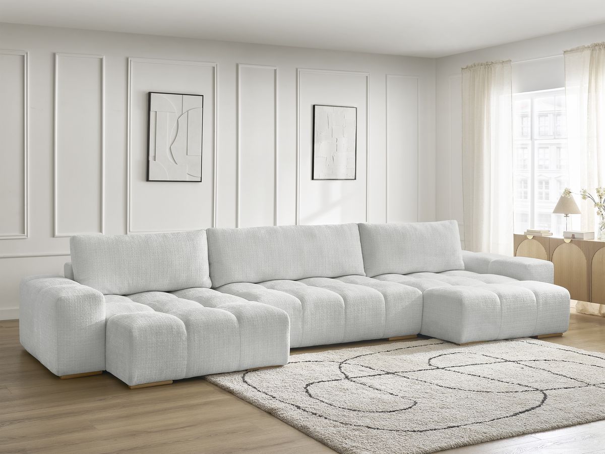 Bobochic Anakin Wohnlandschaft, Liegefläche 137 × 382 cm, 3 Kissen Strukturstoff Hellgrau