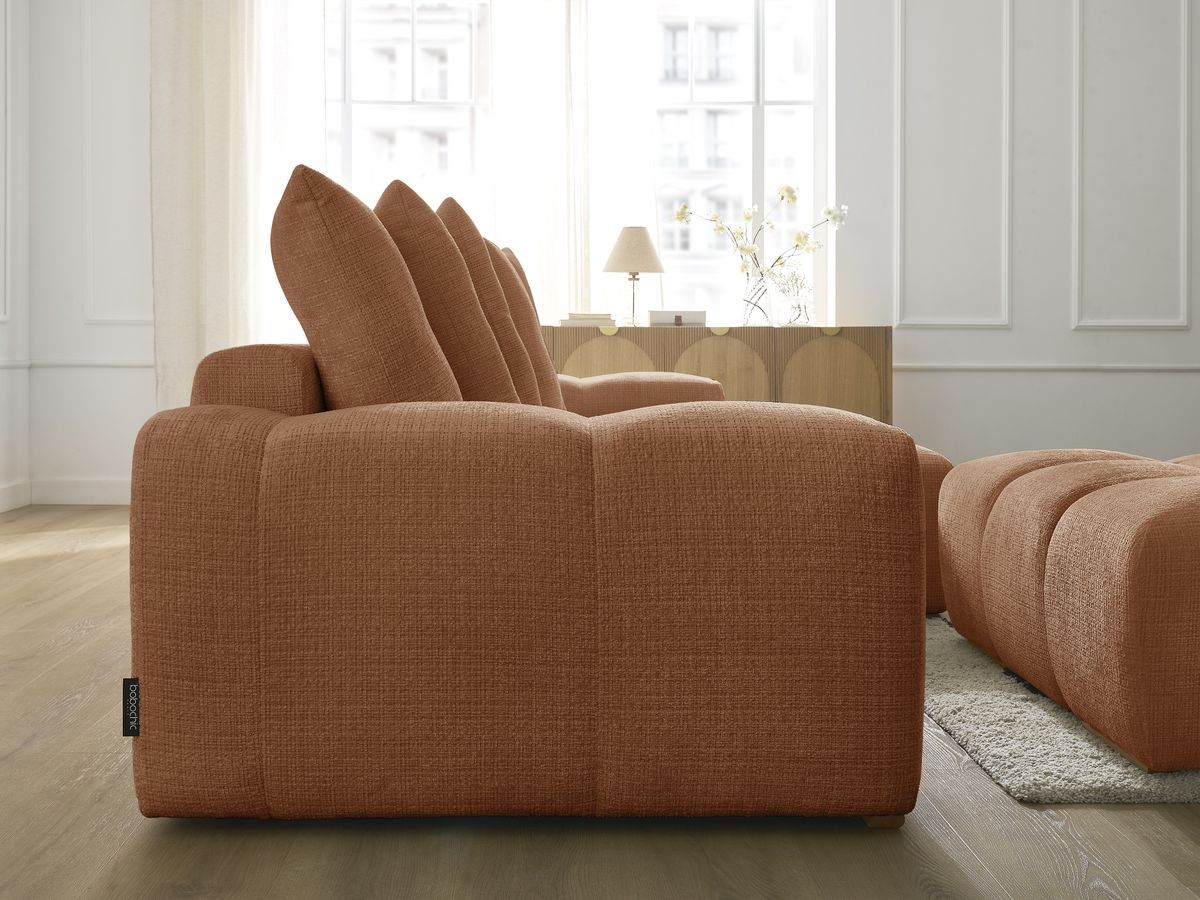 Bobochic Anakin Ecksofa mit Schlaffunktion und Bettkasten und Pouf, 6 Kissen Strukturstoff Orange